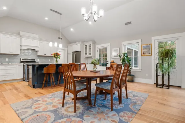 a view of a dining room with furniture