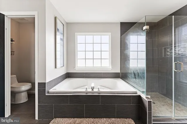 a bathroom with a tub and a toilet