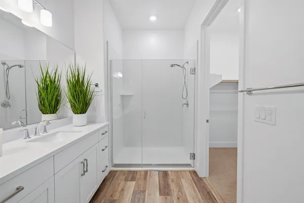 a bathroom with a sink a mirror and a shower