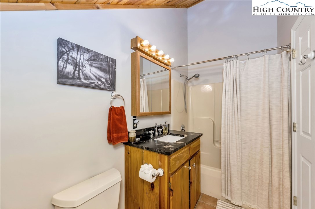 251 Stone Valley Road Grassy Creek, NC 28631 - Photo 31 of 46 a bathroom with a granite countertop sink and a mirror