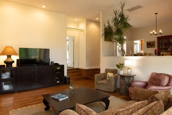 a view of a dining room with furniture window and outside view