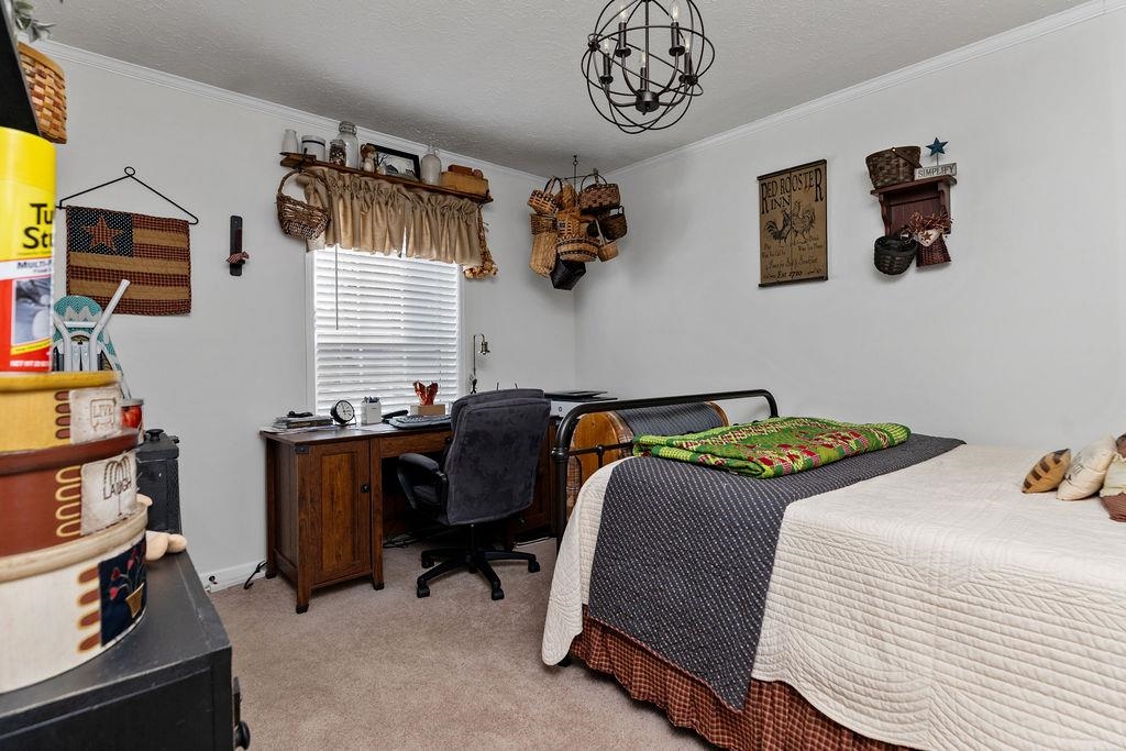 264 Steeles Fort Road Raphine, VA 24472 - Photo 37 of 50 a bedroom with a bed and a chandelier