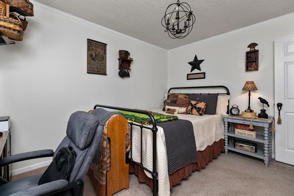 264 Steeles Fort Road Raphine, VA 24472 - Photo 38 of 50 a bedroom with a bed and a chandelier