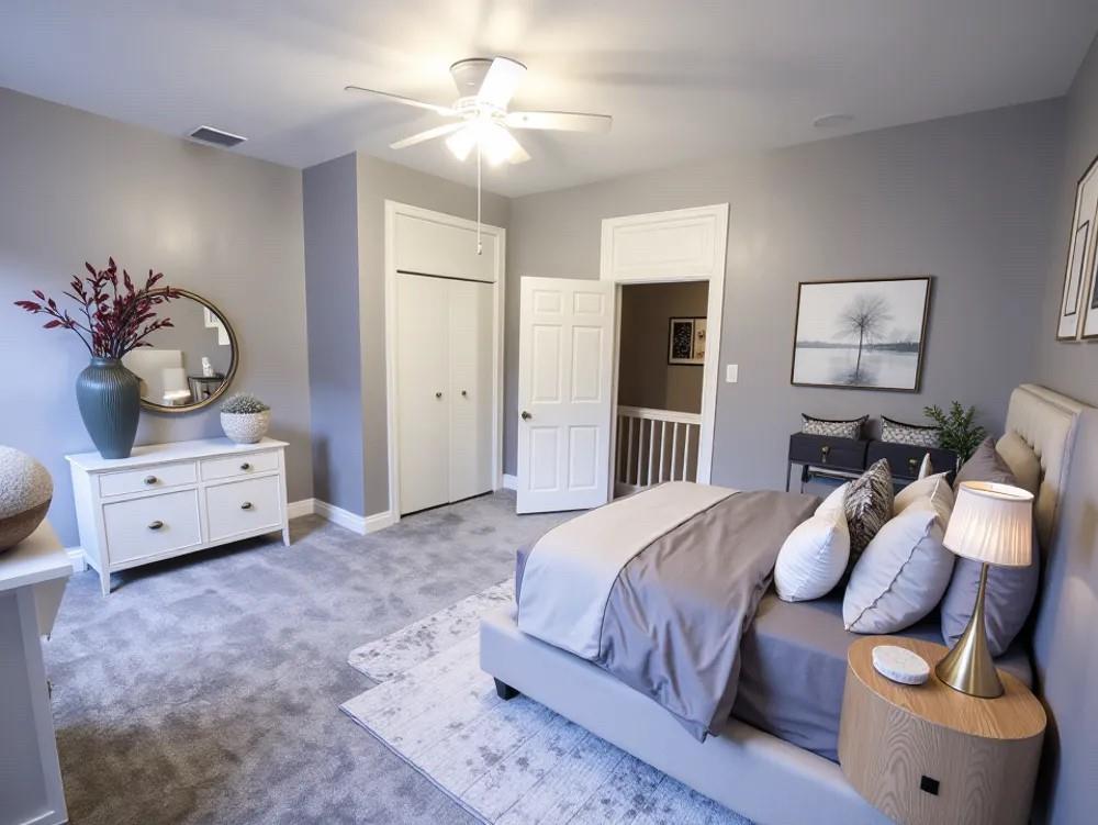 1728 Chislett Street Pittsburgh, PA 15206 - Photo 9 of 16 a spacious bedroom with a bed and a chandelier