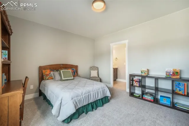 a bedroom with a bed a books bucket with a large mirror