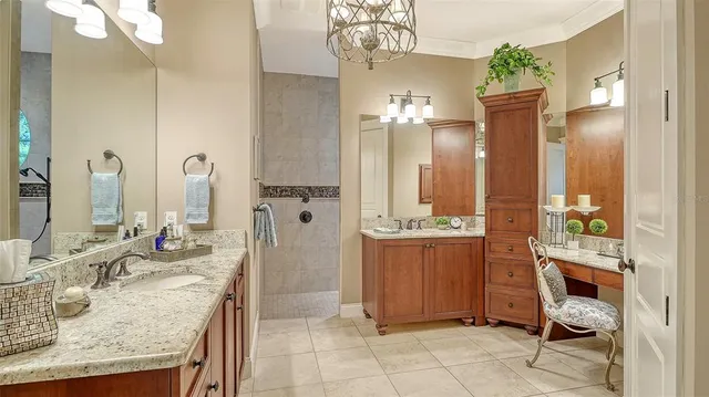 a bathroom with a granite countertop sink a mirror and shower