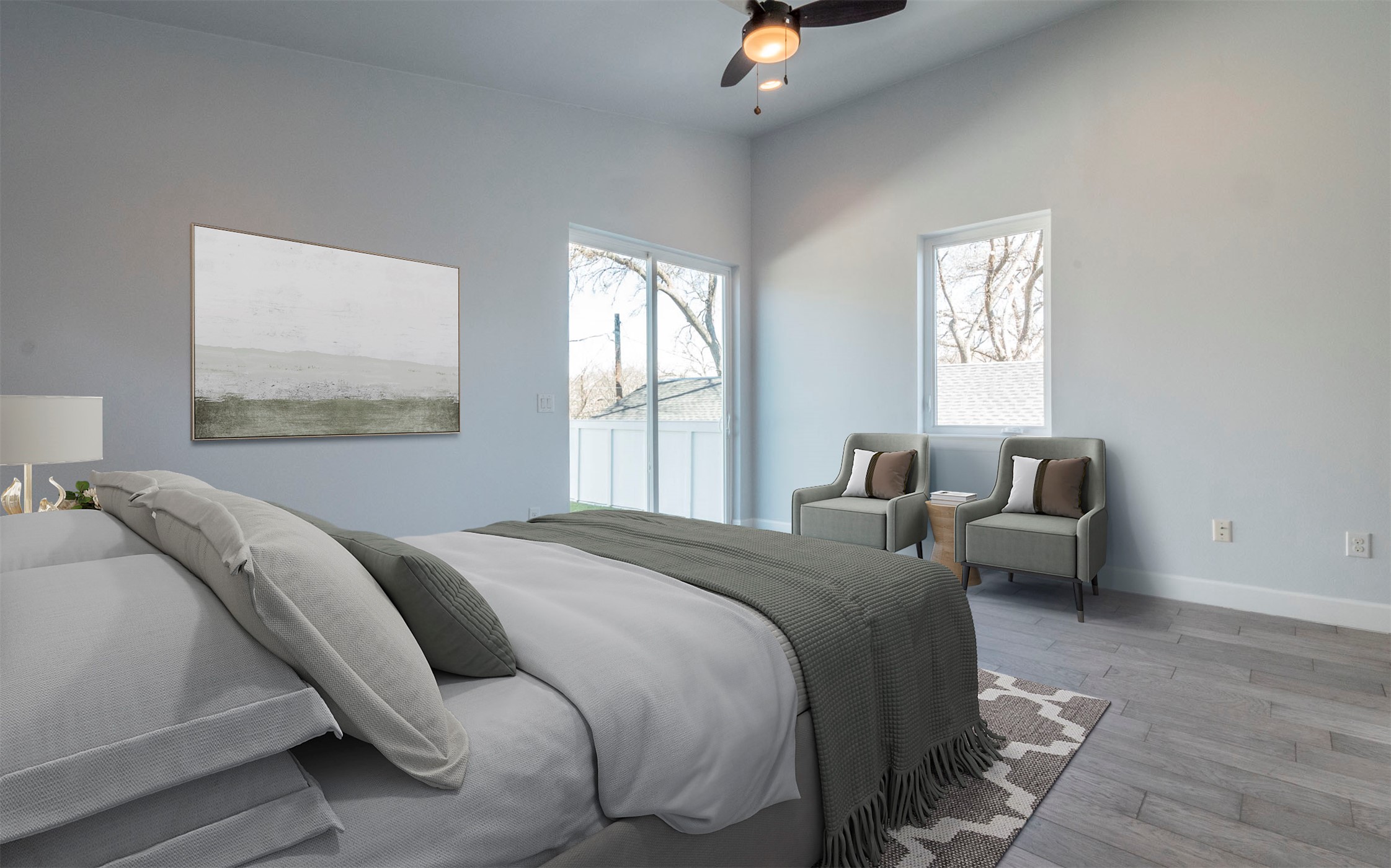 1130 Spur Street, Unit A Austin, TX 78721 - Photo 9 of 31 Primary Bedroom with access to the terrace, recessed lighting, and ceiling fan (virtually staged)