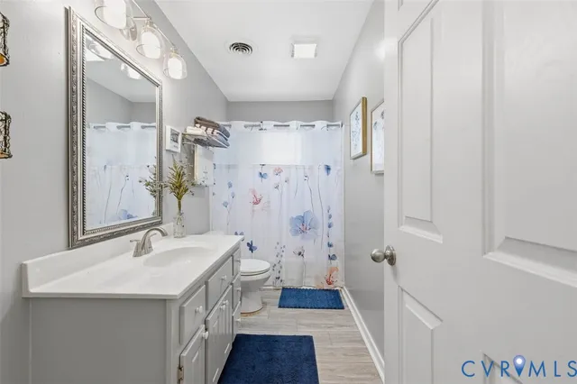 a bathroom with a sink a toilet a shower and a mirror