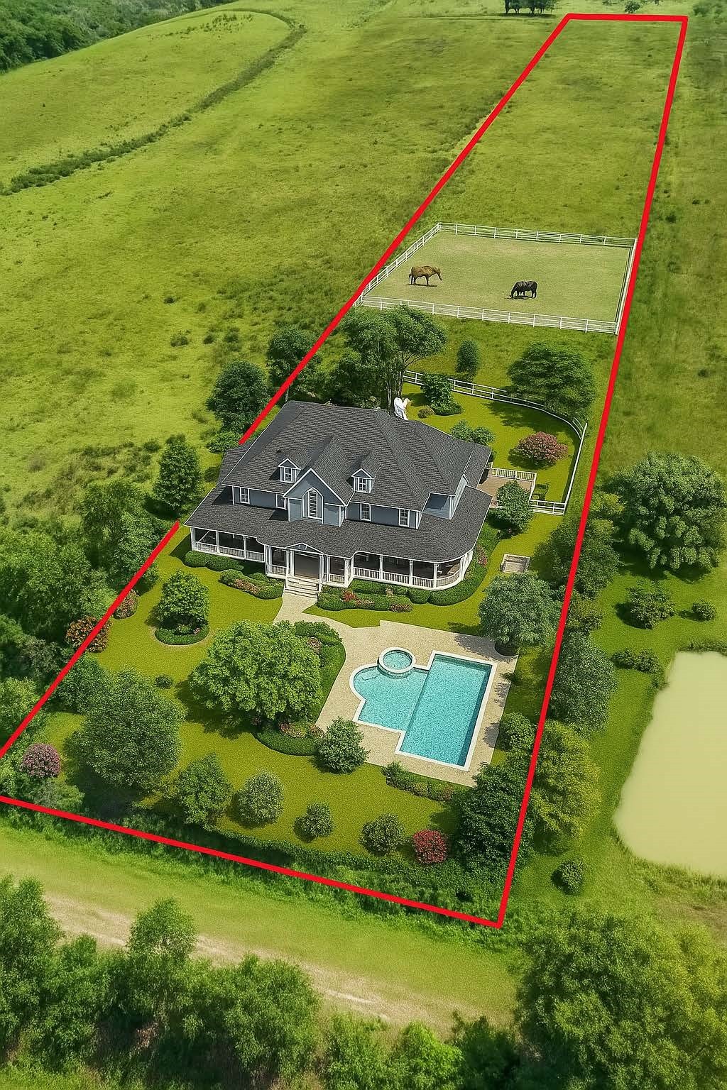 an aerial view of a house with a garden