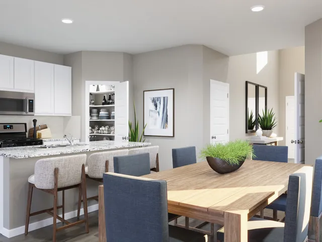 a living room with furniture and a dining table with kitchen view