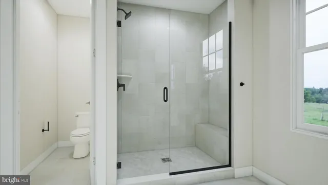 a bathroom with a shower a toilet and a window