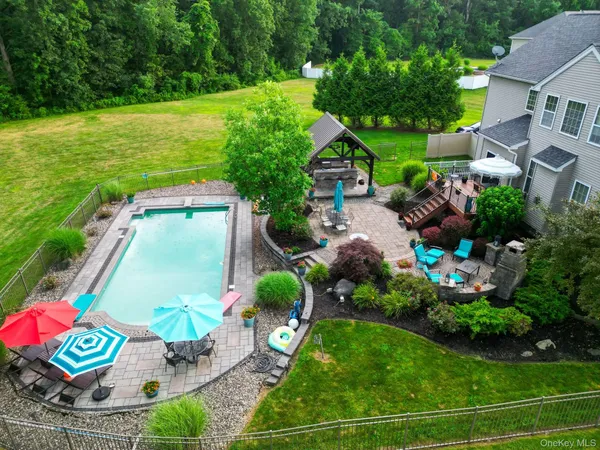 a view of a garden with plants and large trees