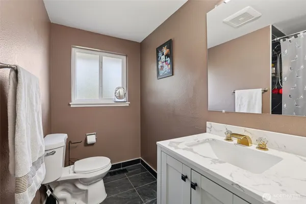 a bathroom with a sink toilet and vanity