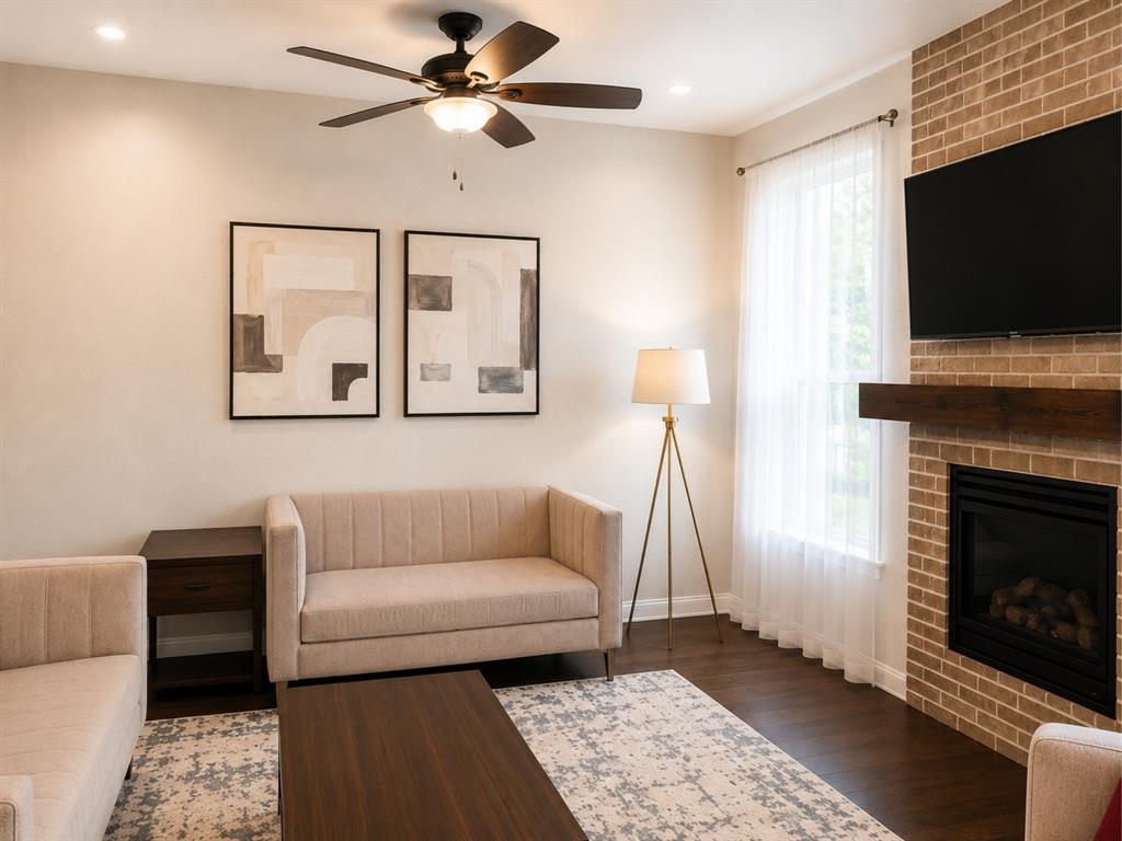 8235 Snapdragon Way Dallas, TX 75252 - Photo 9 of 29 Living area featuring a brick fireplace with a wood mantle, dark wood-finish flooring, and a ceiling fan with integrated lighting