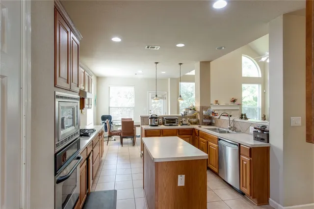 a kitchen with lots of counter top space