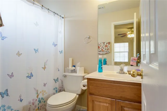 a bathroom with a sink a toilet and shower curtain