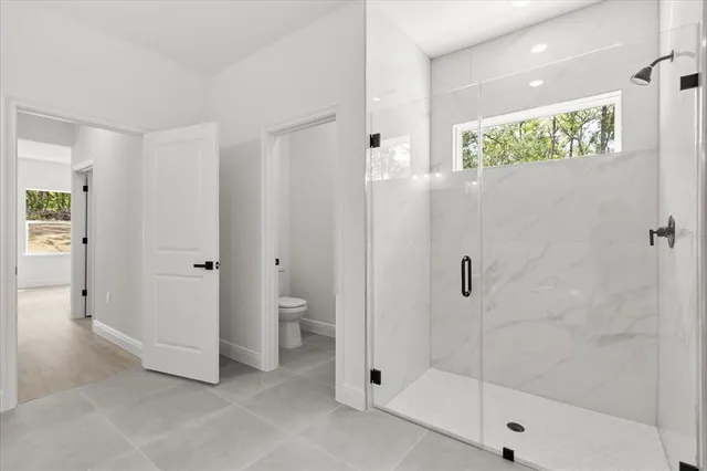 a bathroom with a shower and a toilet