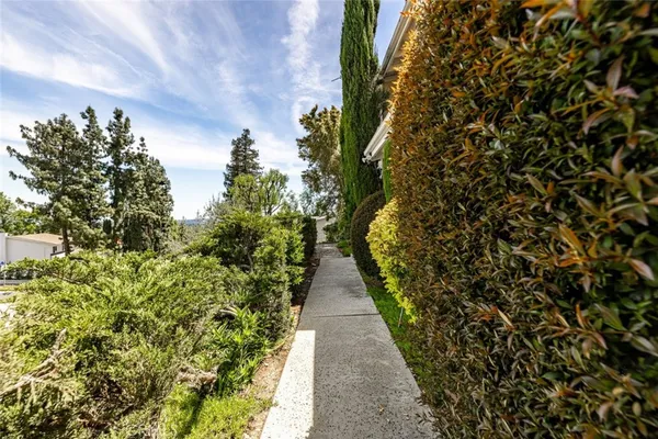 a view of a pathway with a garden
