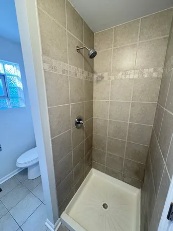 a bathroom with a shower and a toilet