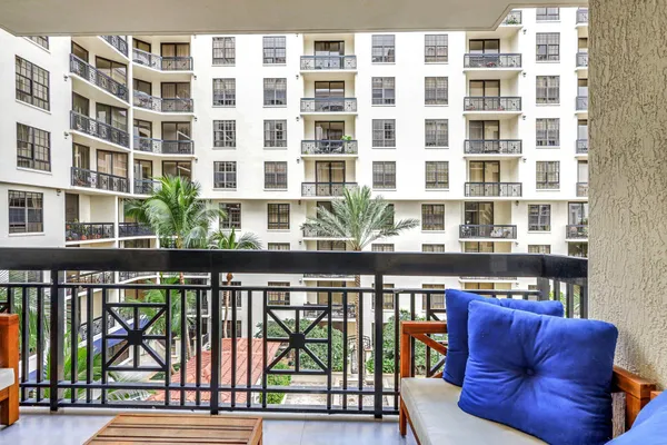 a view of a building from a balcony