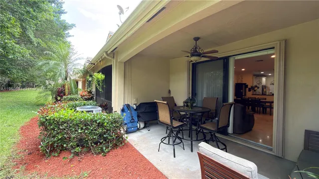 a building outdoor space with patio furniture
