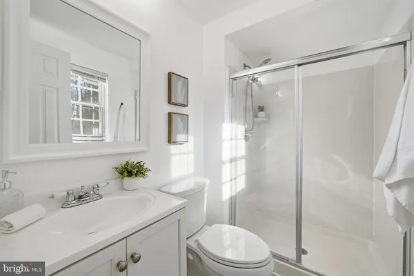 a bathroom with a sink toilet vanity and shower