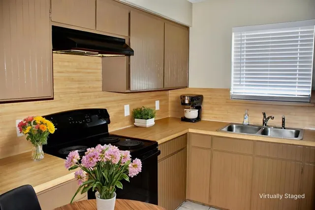 a kitchen with a sink cabinets and a potted plant