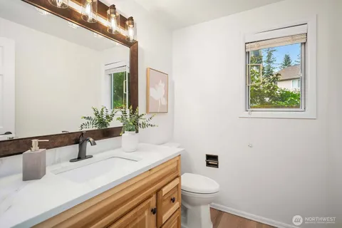 a bathroom with a sink a toilet and mirror