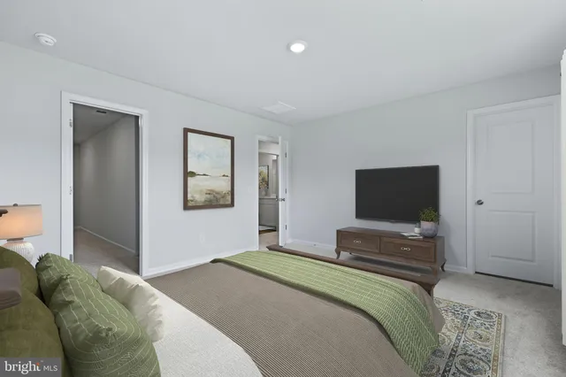 a bedroom with a bed and a television