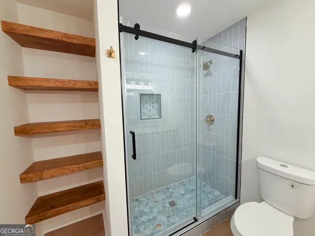 a bathroom with a shower and a toilet
