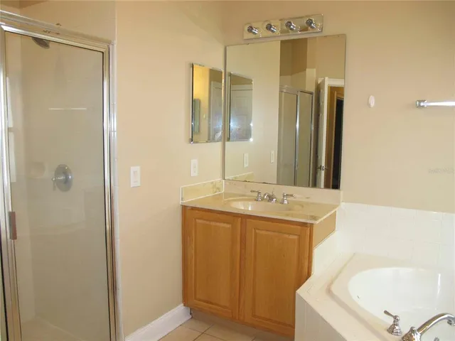 a bathroom with a tub sink and mirror