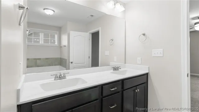 a bathroom with a sink a mirror and a shower