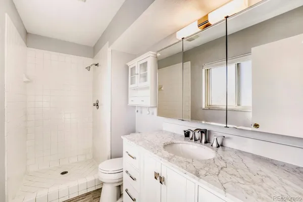 a bathroom with a granite countertop sink a toilet and shower