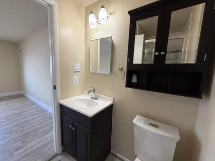 a bathroom with a toilet sink and mirror