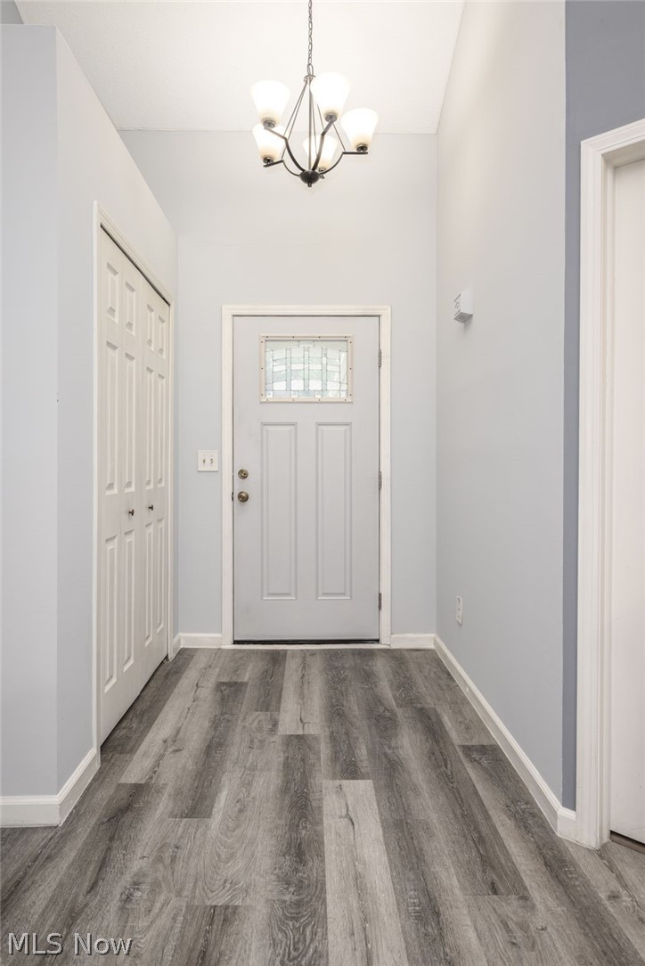 5203 Cline Road Kent, OH 44240 - Photo 25 of 35 Entryway featuring wood-finish flooring, a contemporary ceiling fixture, a panel door with decorative glass, and bi-fold closet doors