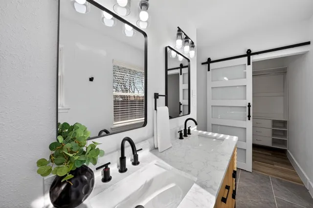 a bathroom with a granite countertop sink a potted plant and a shower