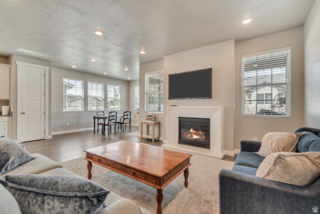 3232 West 1670th Street North Provo, UT 84601 - Photo 8 of 33 Living room with a glass covered fireplace, recessed lighting, light wood-style flooring, and a textured ceiling