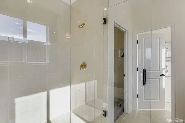 a bathroom with a shower and a sink