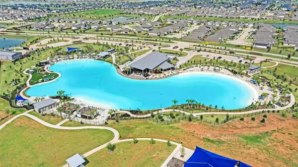 an aerial view of a swimming pool