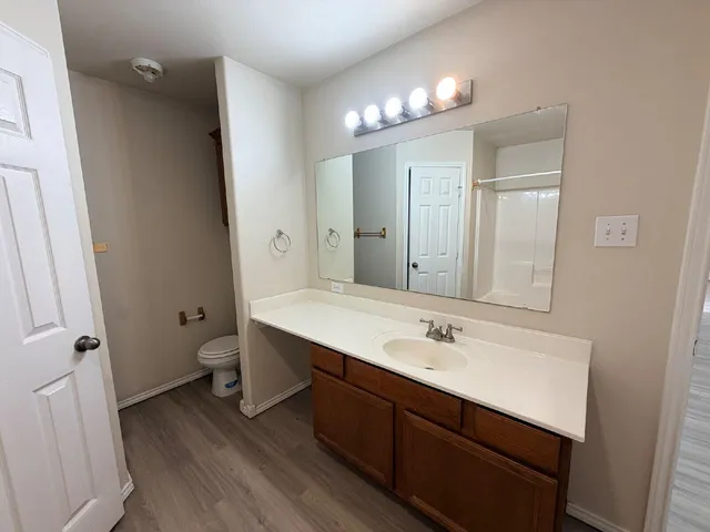 a bathroom with a sink a toilet and a mirror