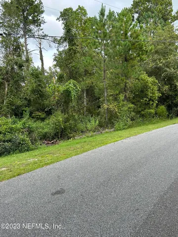 a view of a field and trees in the background