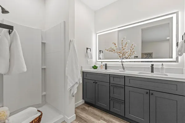a bathroom with a sink and a mirror