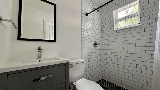 a bathroom with a toilet a sink and mirror