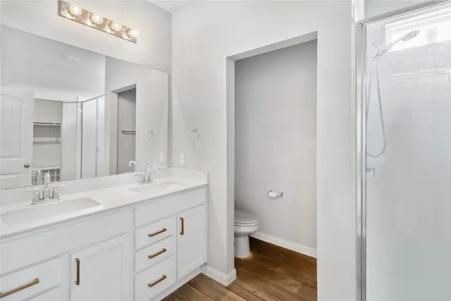 a bathroom with a double vanity sink a mirror and a toilet