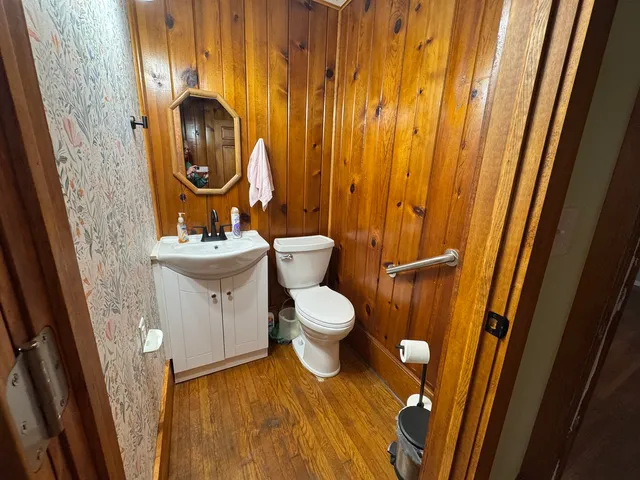 a bathroom with a toilet a sink and a mirror