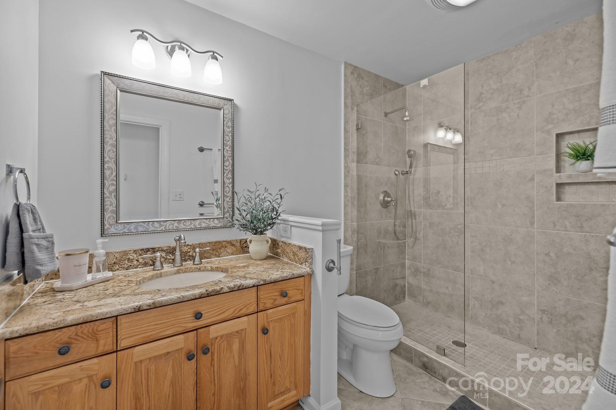10508 Misty Ridge Lane Charlotte, NC 28277 - Photo 24 of 32 a bathroom with a granite countertop sink toilet a mirror a vanity and shower