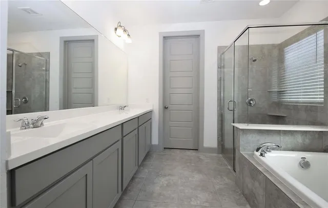 a bathroom with a bathtub double vanity sink and mirror