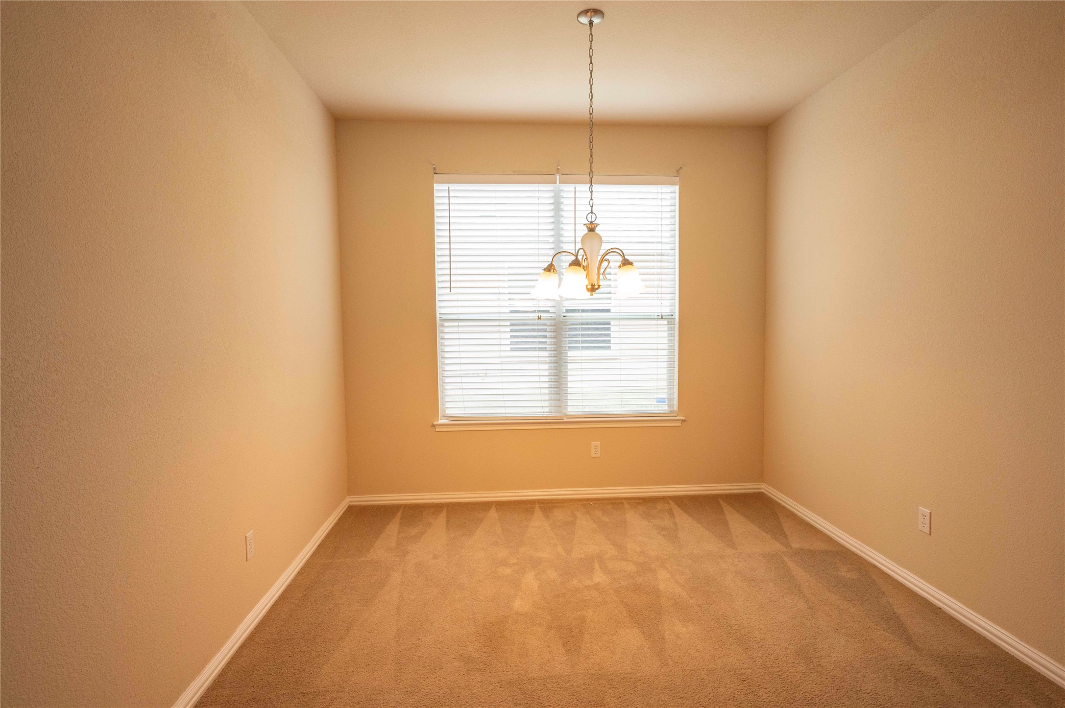 2070 Intrepid Drive Buda, TX 78610 - Photo 16 of 31 A well-lit room features a classic chandelier and soft carpeting, creating a welcoming atmosphere.