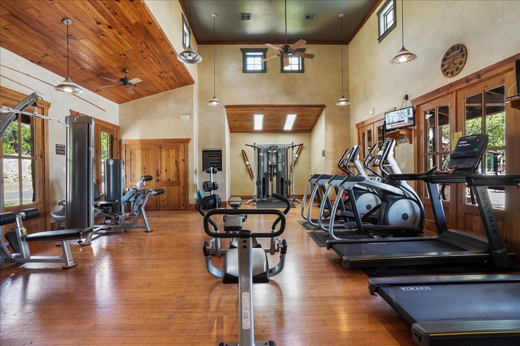 6705 Destination Way Jonestown, TX 78645 - Photo 38 of 39 Ditch the gym membership. This high-end fitness center features soaring wood-plank ceilings, rustic charm, and professional-grade Matrix equipment. It’s a bright, inspiring space that makes hitting your fitness goals feel a lot less like a chore.