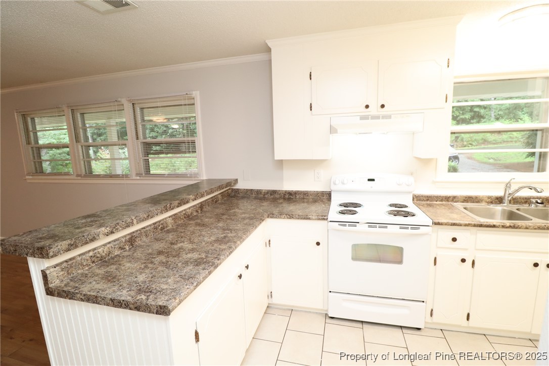 1426 Trinity Circle Raleigh, NC 27607 - Photo 8 of 31 a kitchen with a stove a sink and white cabinets with wooden floor
